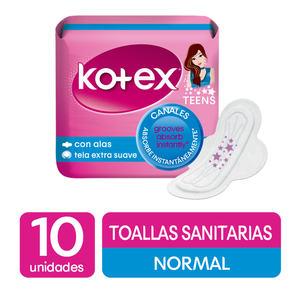 TOALLAS SANITARIAS KOTEX TEENS, 10 UDS