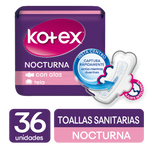 TOALLAS SANITARIAS KOTEX NOCTURNA TEXTURA TELA CON ALAS, 36 UDS