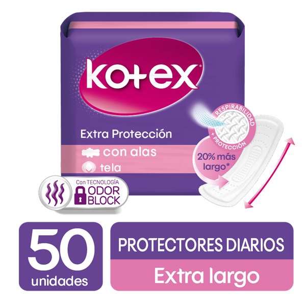 PROTECTORES DIARIOS KOTEX EXTRA LARGOS, 50 UDS