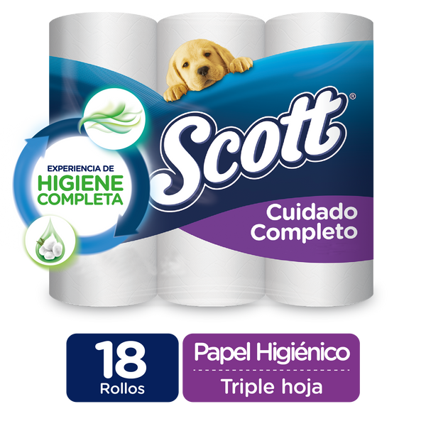 PAPEL HIGIÉNICO SCOTT CUIDADO COMPLETO TRIPLE HOJA, 18 ROLLOS