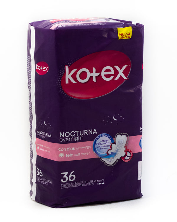 TOALLAS SANITARIAS KOTEX NOCTURNA TEXTURA TELA CON ALAS, 36 UDS