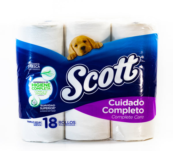 PAPEL HIGIÉNICO SCOTT CUIDADO COMPLETO TRIPLE HOJA, 18 ROLLOS