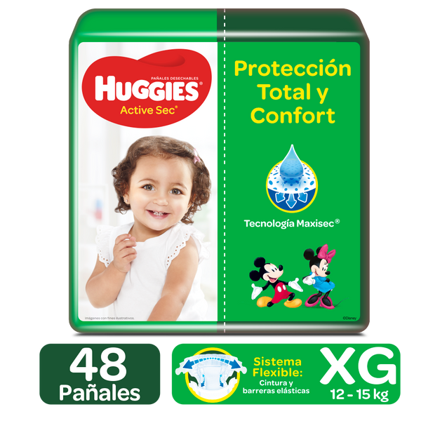 PAÑALES HUGGIES ACTIVE SEC ETAPA 4/XG, 48 UDS