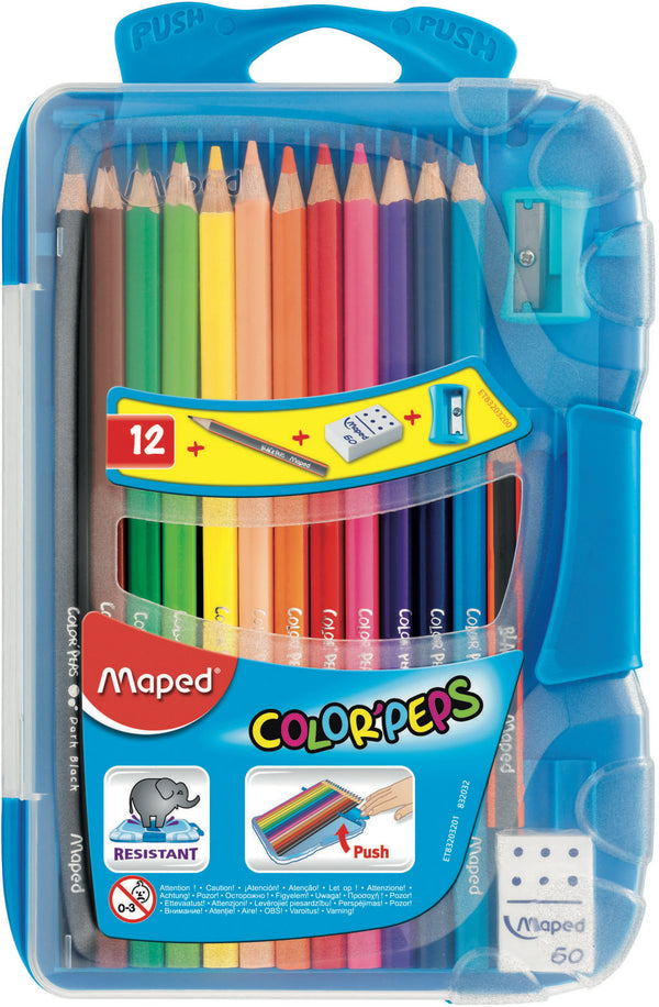 MAPED COLOR PEPS 12 UND + SACAPUNTAS,BORRADOR Y LÁPIZ